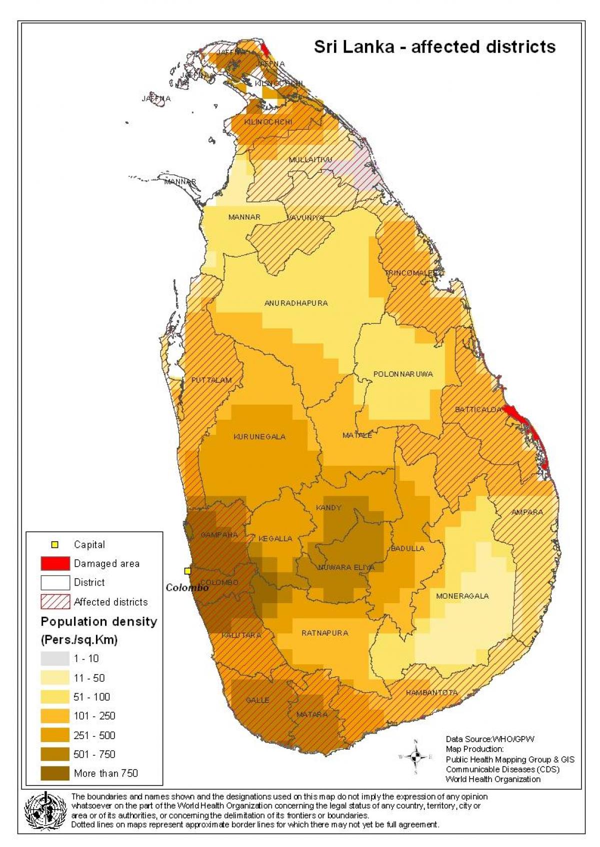 Karte von Sri Lanka Bevölkerungsdichte