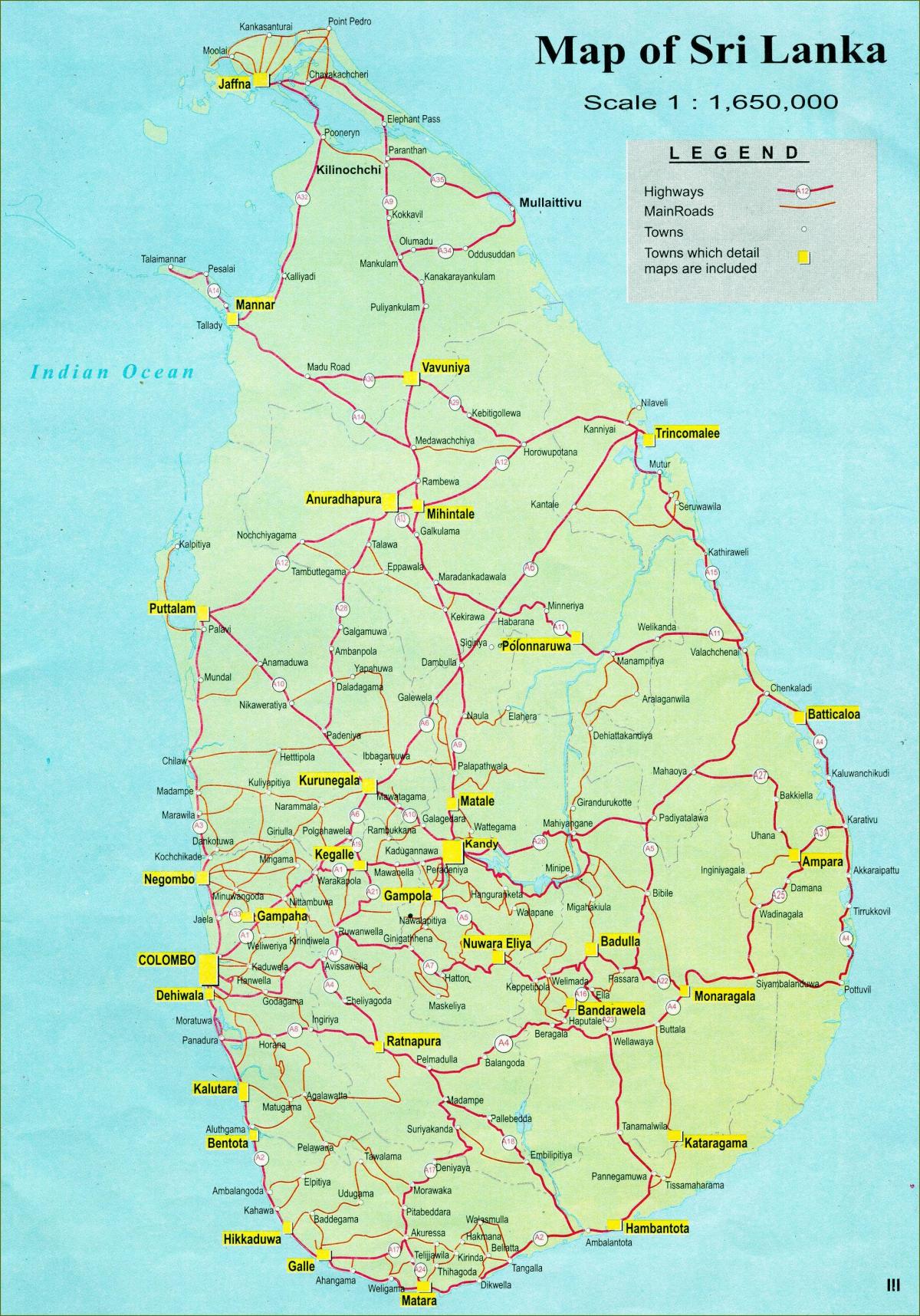 map touristische Landkarte von Sri Lanka mit der Straße
