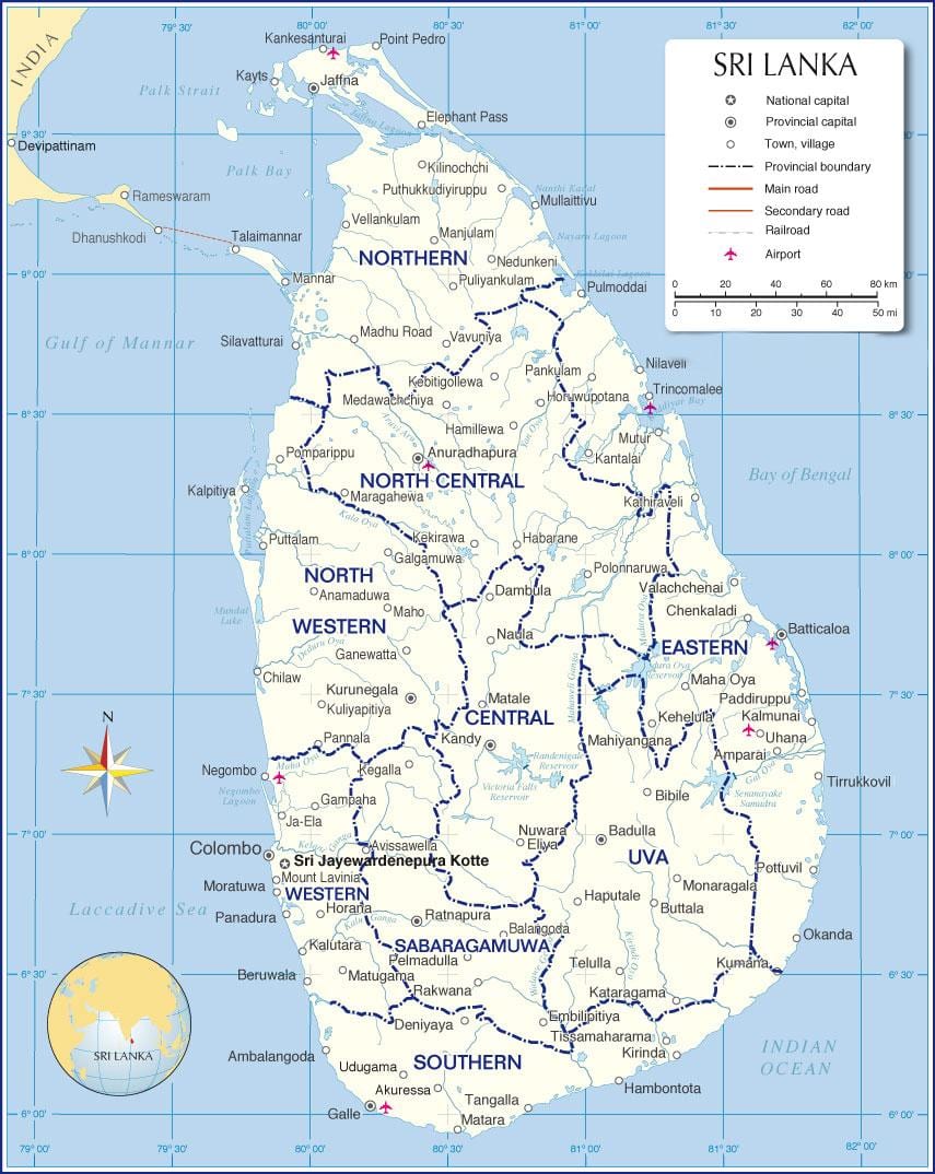Karte der internationalen Flughäfen in Sri Lanka