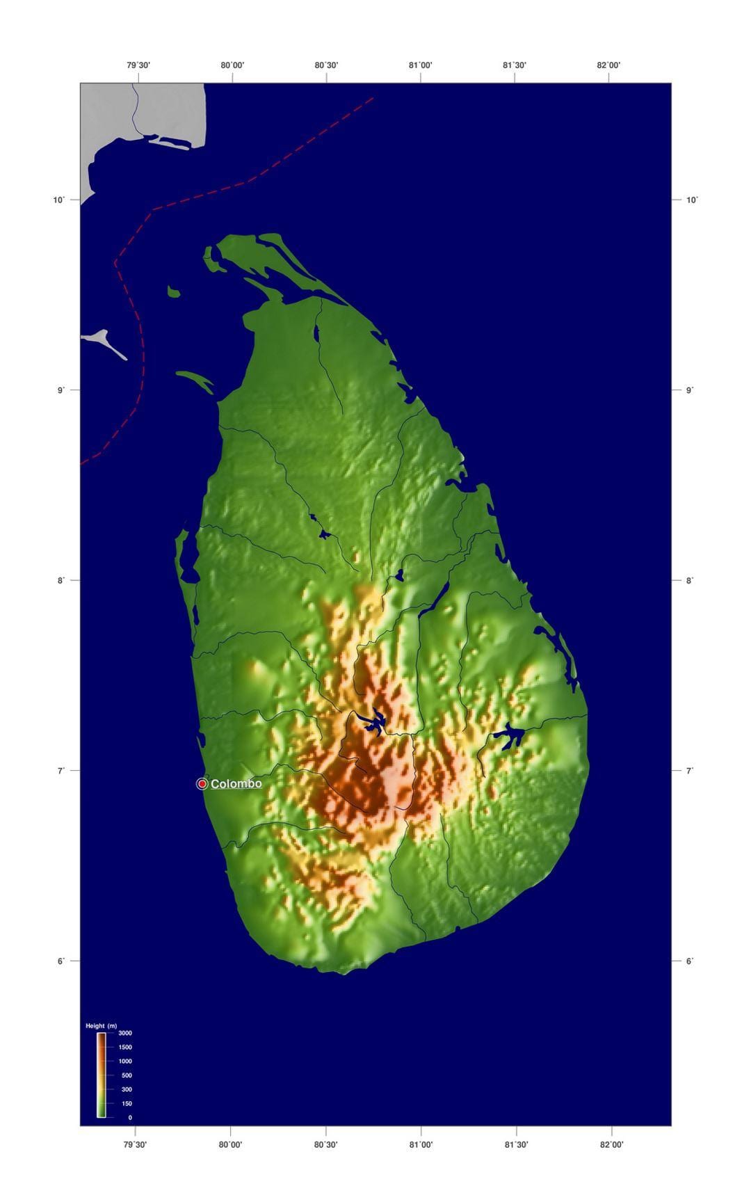 Karte von Sri Lanka Höhe
